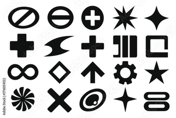 Fototapeta Minimalist brutalist design elements set. Y2K futuristic shapes, figures and stars. Collection of neomodern geometric symbols for graphic design assets and abstract stickers.