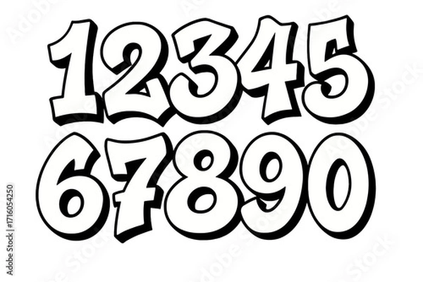 Fototapeta Urban graffiti numbers set, 90s street art style. Cool hip hop bubble font digits collection. Vector cartoon typeface for creative design. Numeric symbols from 0 to 9.