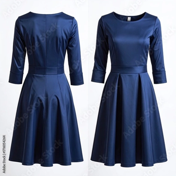 Fototapeta Navy blue, satin-like, knee-length dress with three-quarter sleeves, a defined waist, and a flared skirt.  Front and back views shown