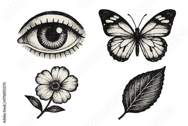 Fototapeta Mystical tattoo elements set with vintage photocopy texture. Esoteric y2k grunge symbols: eye, butterfly, flower, leaf. Realistic vector dotwork stippling illustration.
