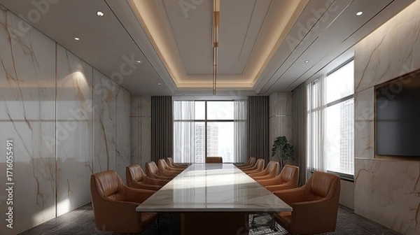 Fototapeta A sunlit conference room features a long marble table surrounded by comfortable leather chairs, creating a sophisticated and inviting atmosphere for collaborative meetings and discussions.