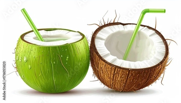 Fototapeta Two coconuts, one green, one brown, both halved, showing coconut water and green straws, isolated on white background