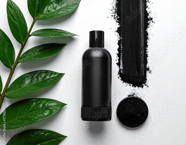 Fototapeta A black bottle of cosmetic product sits beside vibrant green leaves and a pile of black powder on a white background, suggesting a natural or charcoal-based beauty product
