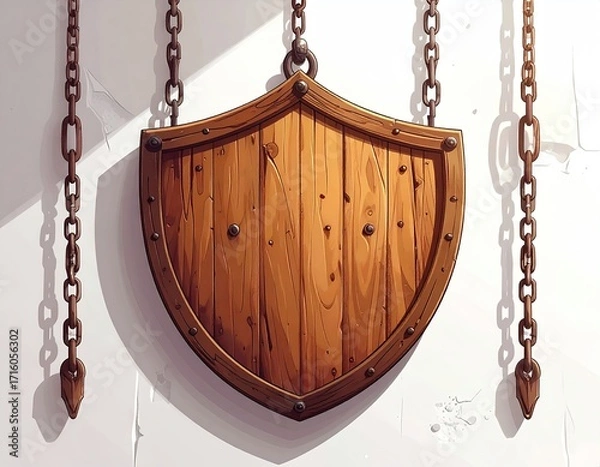 Fototapeta A rustic wooden shield, hanging from chains against a worn white wall, shows aged texture and metal detailing
