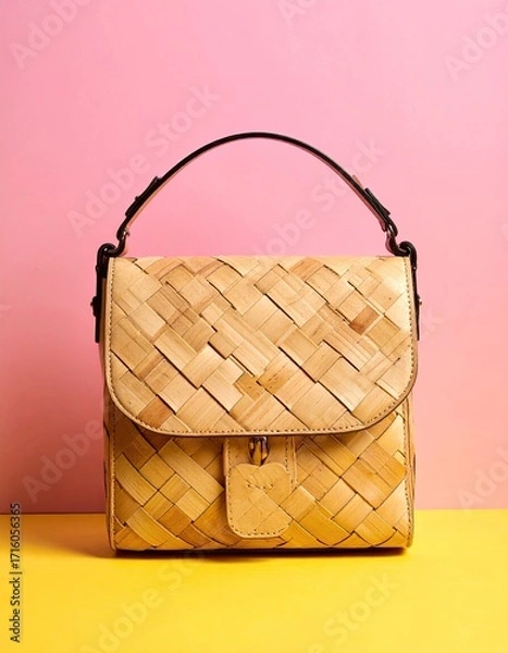 Fototapeta A light beige woven handbag with a black top handle sits on a yellow surface against a pink backdrop.  The bag features a unique woven pattern and a small flap closure