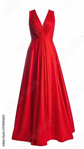 Fototapeta A vibrant red, sleeveless, floor-length gown with a V-neck and a gathered, twisted bodice