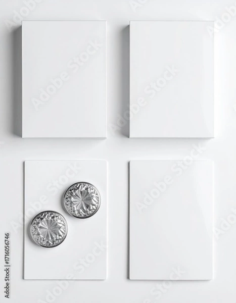 Fototapeta Two blank boxes and cards with embossed metallic circles atop a white background.  Clean, minimalist design showcasing mockups