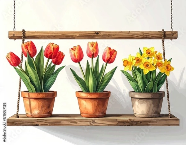 Fototapeta Three potted spring flowers (tulips and daffodils) hang from a rustic wooden shelf against a white background