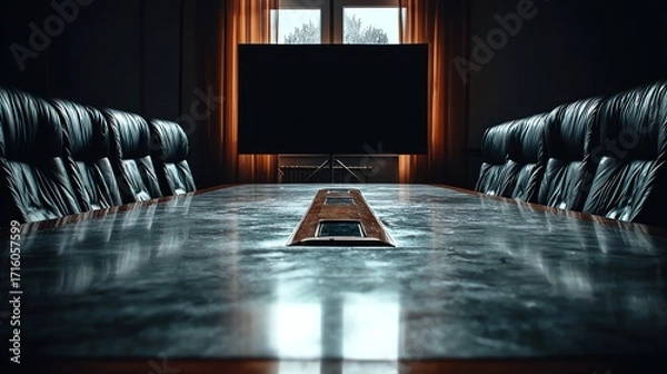 Fototapeta A polished conference table dominates the frame, reflecting the ambient light and suggesting a space for important discussions and strategic planning, evoking a sense of power and formality.