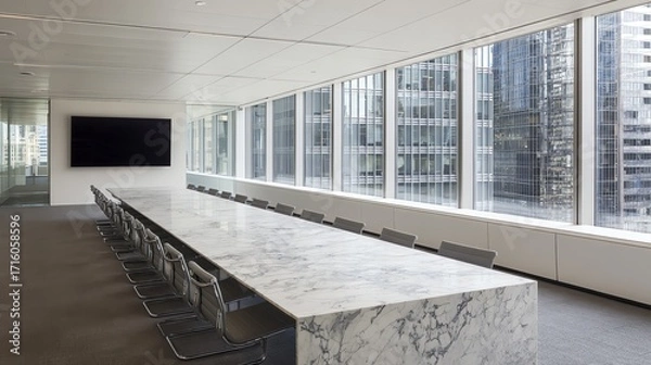 Fototapeta A spacious, modern conference room features a long marble table and sleek chairs, bathed in natural light from expansive windows overlooking a cityscape, conveying a sense of professional