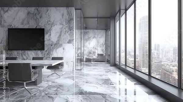 Fototapeta A modern, expansive office space features cool-toned marble walls and flooring, complemented by floor-to-ceiling windows offering a sweeping cityscape view, evoking a sense of calm sophistication.