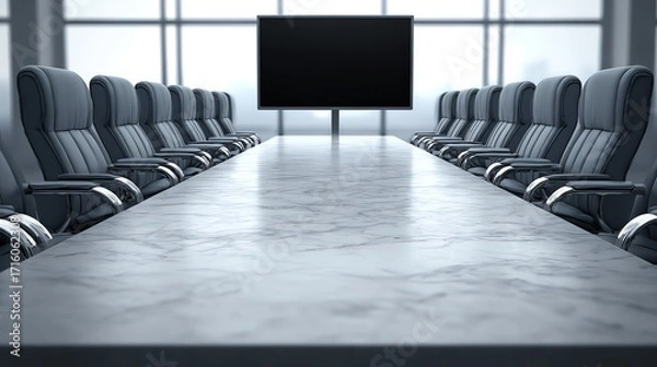 Fototapeta A long conference table with dark leather chairs faces a blank screen, evoking a sense of anticipation and formal discussion within a modern, minimalist setting.