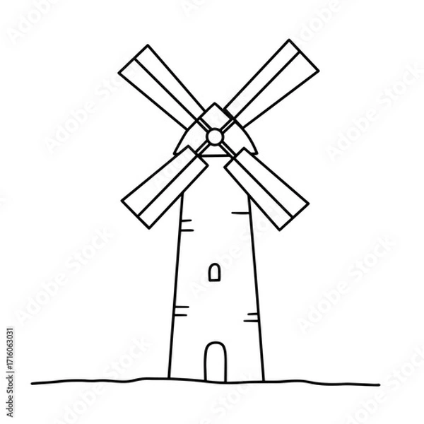 Fototapeta Simple line drawing of a windmill in minimalist style  