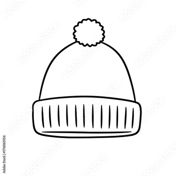 Fototapeta Winter beanie hat with pom pom in minimal line art style  