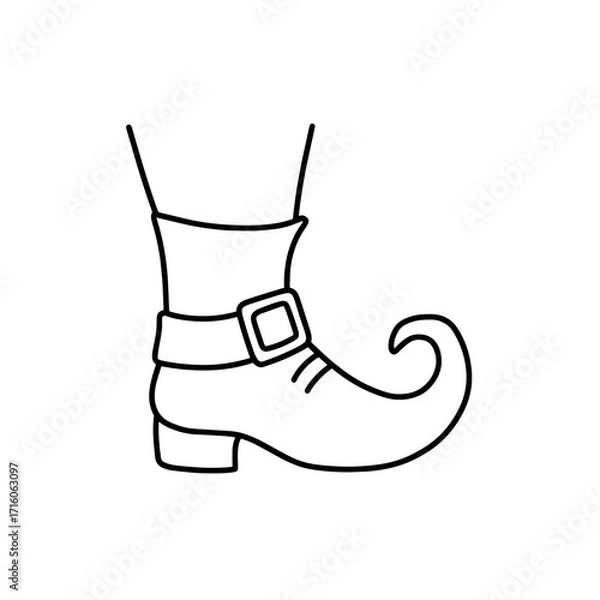 Fototapeta Cartoon elf shoe with curled tip and buckle design  
