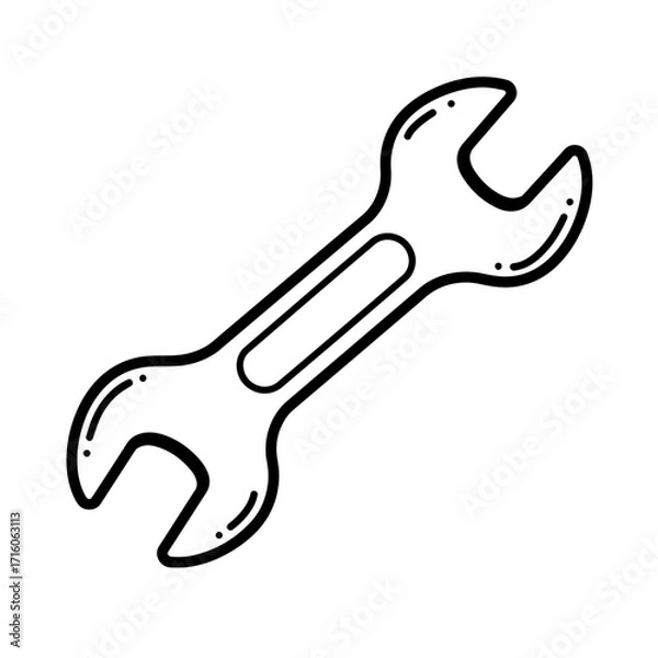 Fototapeta Wrench tool in black line art style isolated on white background  