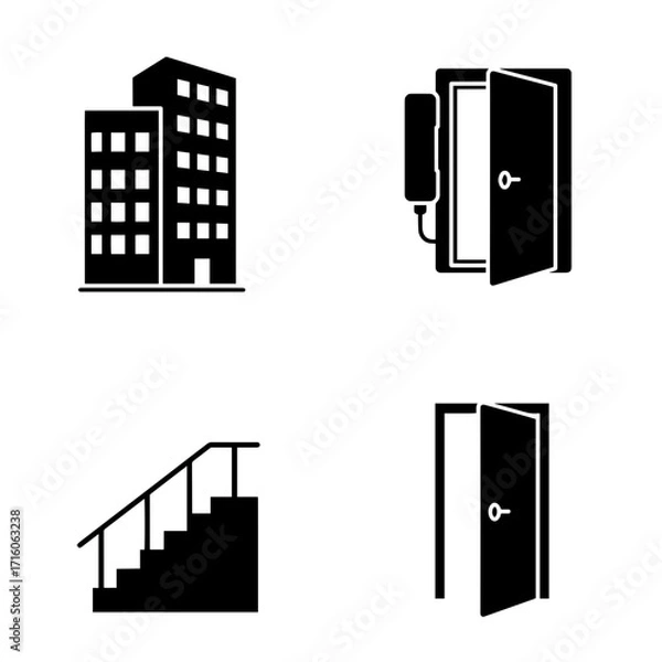 Fototapeta Modern building icons with stairway, intercom, and open door  