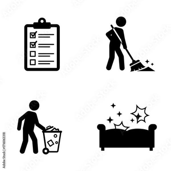 Fototapeta Cleaning activities with checklist, trash disposal, and tidy sofa  