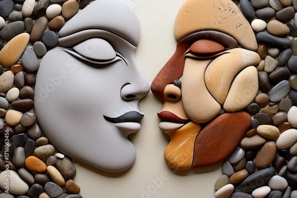 Fototapeta Two stone faces in profile, one smooth and gray, the other mosaic-like with warm earthy tones, facing each other against a backdrop of various natural pebbles