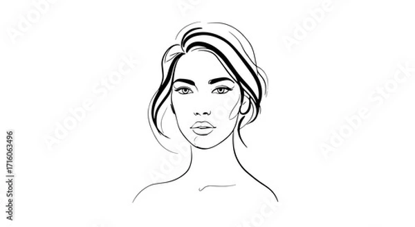 Fototapeta Abstract line drawing of a woman with long hair and a neutral expression  