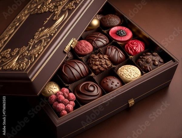 Fototapeta Elegant open box of assorted chocolate candies on brown background