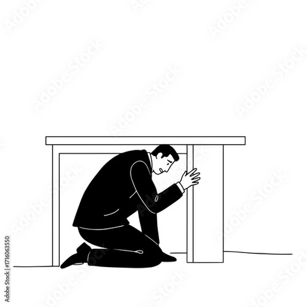 Fototapeta Man crouching under table in suit showing stress and anxiety  
