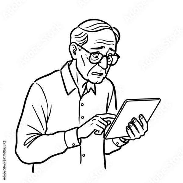Fototapeta Elderly man using tablet and looking focused while standing indoors  