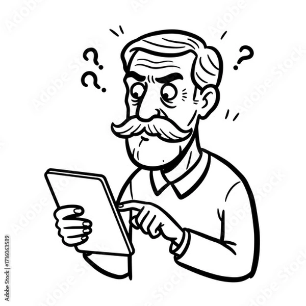 Fototapeta Confused elderly man using tablet and looking puzzled in black and white  