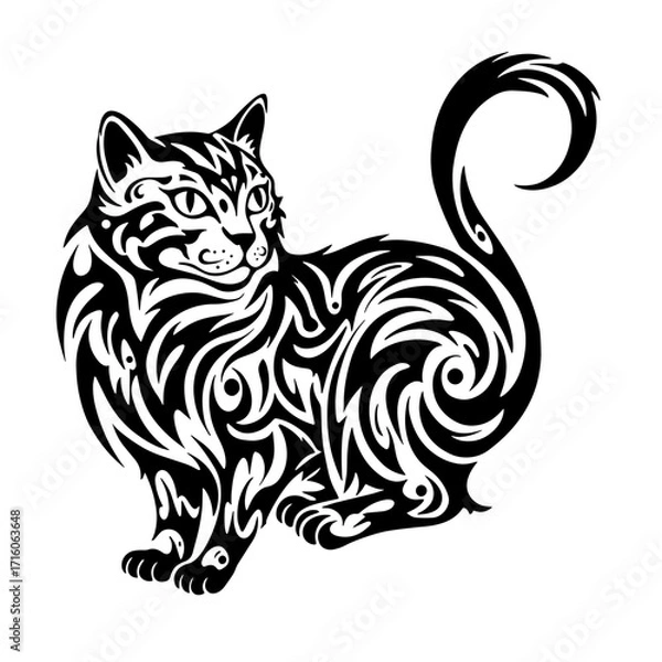 Fototapeta Artistic black and white silhouette of a cat with swirling patterns  