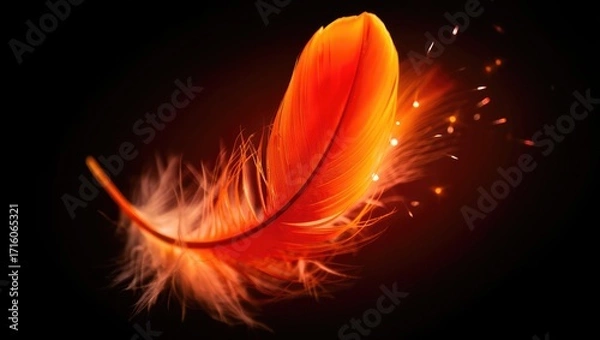 Fototapeta A glowing fiery feather floats in darkness, symbolizing fantasy, fire, and transformation. Generative AI.