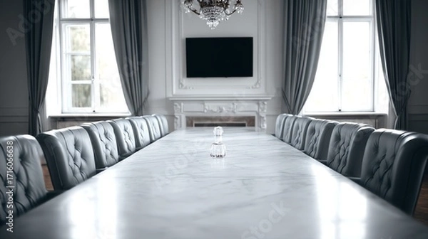 Fototapeta A long, polished conference table dominates a stately room, suggesting important discussions and strategic planning within a formal, sophisticated setting, evoking a sense of power.