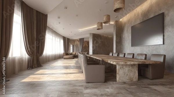 Fototapeta A spacious, sunlit interior showcases a long wooden table surrounded by comfortable seating, evoking a sense of calm and modern elegance within a neutral color palette.