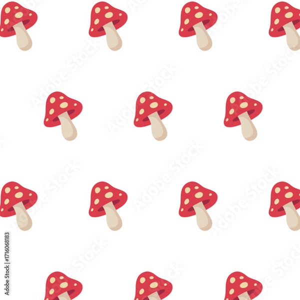 Fototapeta Seamless pattern with red fly agaric mushrooms on white background, cute autumn forest design