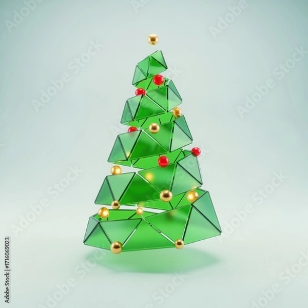 Fototapeta Modern minimalist decorative Christmas tree with geometric green shapes and gold and red accents on a light background