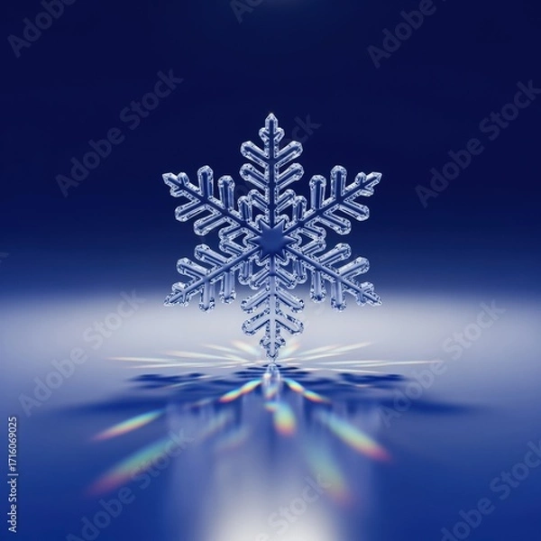 Fototapeta Close-up of a detailed snowflake resting on water surface with colorful reflections against dark blue background