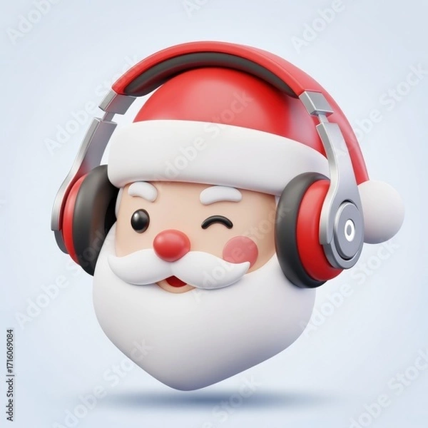 Fototapeta Cute Santa Claus head wea large over-ear headphones with a playful wink and cheerful expression on light background