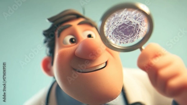 Fototapeta Close-up of a friendly cartoon doctor smiling while examining through a magnifying glass. Ideal for healthcare, education, and children's content.
