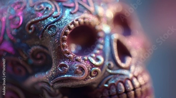 Fototapeta Close-up of a colorful decorative sugar skull with intricate patterns and vibrant hues, perfect for festive, cultural, or artistic promotions.