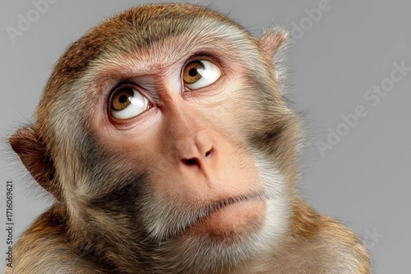 Fototapeta Close-up of a monkey with a humorous expression against a grey background. Perfect for ads focusing on emotions, wildlife, or playful themes.