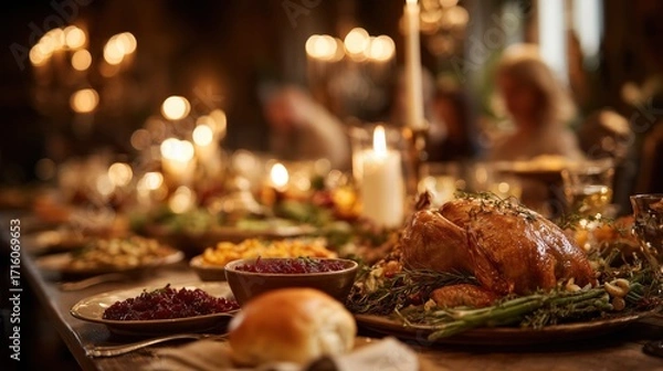 Fototapeta Elegant dinner table with roasted turkey, candles, and side dishes, creating a warm, inviting atmosphere. Perfect for holiday, celebration, or culinary promotions.