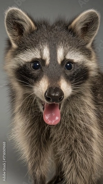 Fototapeta Close-up of a raccoon with a playful expression against a grey background, showcasing its curious nature. Perfect for wildlife, humor, or educational content.