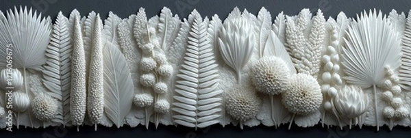 Fototapeta Detailed white floral arrangement with diverse textures and patterns, ideal for decor, design inspiration, or artistic projects. Perfect for elegant and creative themes.