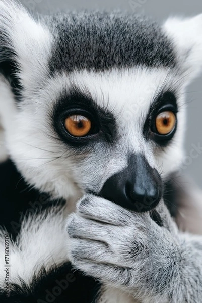 Fototapeta Close-up of a lemur with wide eyes and a hand over its mouth, set against a neutral grey background. Perfect for wildlife, humor, or emotion-themed promotions.