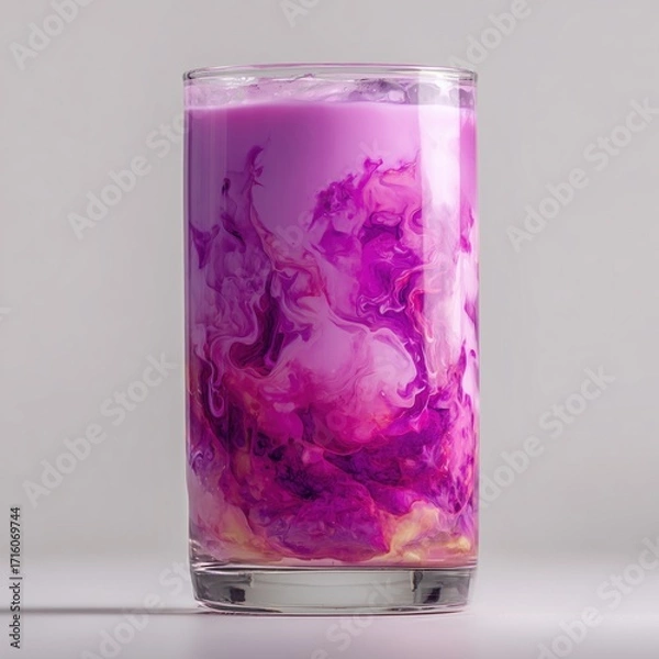 Fototapeta Artistic glass filled with a vibrant purple milk drink, isolated on a neutral background. Ideal for beverage, art, or lifestyle promotions with a creative twist.