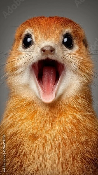 Fototapeta Close-up of a meerkat with a surprised expression on a grey background, showcasing vivid fur details. Perfect for wildlife, humor, or emotion-themed promotions.