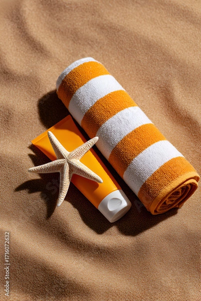 Fototapeta Orange striped towel and sunscreen with starfish on sandy beach background for summer vibes
