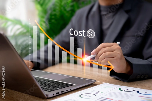 Fototapeta Cost Management and Reduction Strategy Concept, Businessman Showing Graph of Decreasing Expenses, Corporate Financial Optimization, Profit Growth, Business Efficiency and Strategic Cost Saving Plan