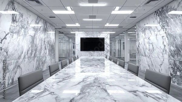 Fototapeta A long conference table dominates a modern room clad in white and gray marble, creating a sense of formal elegance and spaciousness, reflecting light and emphasizing clean lines.