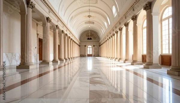 Fototapeta A grand, symmetrical hallway with marble floors and classical columns, bathed in natural light.
