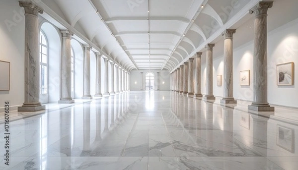 Fototapeta Empty, spacious art gallery hallway with polished marble floors and columns.